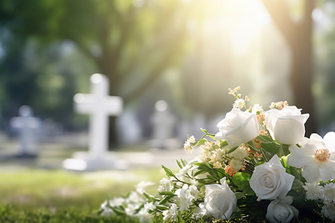 A bouquet of white roses rests on grass in a sunlit cemetery, symbolizing love and remembrance amid green trees, where blurry white crosses mark graves—honoring those remembered through thoughtful burial services.