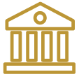 A simple gold outline icon of a classical building with columns and a triangular pediment, evoking places like a bank, courthouse, museum, or locations offering funeral home resources, set against a light background.