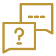 Two gold chat bubbles; one contains a question mark, and the other displays three dots, symbolizing a conversation or question-and-answer exchange about funeral home resources.
