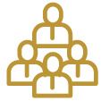 Simple gold icon of five human figures arranged in a pyramid shape, with three at the bottom, one in the middle, and one at the top, symbolizing team structure—ideal for illustrating funeral home resources.