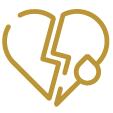A simple gold outline of a broken heart, featuring a zigzag crack down the middle and a single teardrop shape on the lower right side—an elegant symbol often found in funeral home resources.