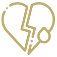 A gold outline of a broken heart with a zigzag crack through the center and a teardrop on the right side, symbolizing sadness or heartbreak—often associated with funeral & cremation services.