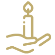 A simple, gold outline drawing of a hand holding a lit candle, symbolizing care, support, or remembrance—an elegant emblem for funeral & cremation services.