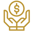 Gold outline of two hands holding up a coin with a dollar sign in the center, symbolizing financial support, savings, donation, or vital funeral home resources.