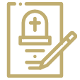 A gold outlined icon of a document featuring a tombstone with a cross, next to a pencil, symbolizing writing or editing an obituary or memorial for funeral & cremation services.