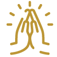 A simple gold line drawing of two hands pressed together in a prayer or gratitude gesture, with small lines around them suggesting radiance—ideal for use in funeral home resources and moments of remembrance.