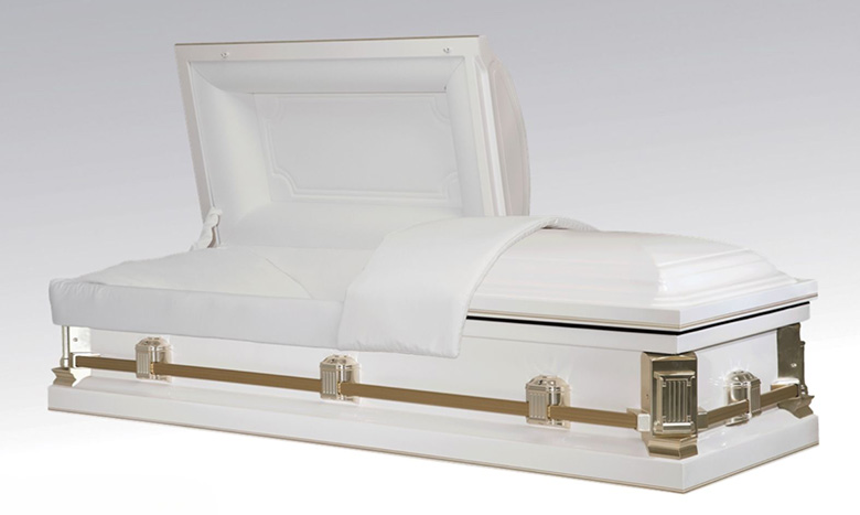 A white casket with a partially open lid, lined with white bedding and a white pillow, is showcased as elegant burial merchandise against a plain light background.