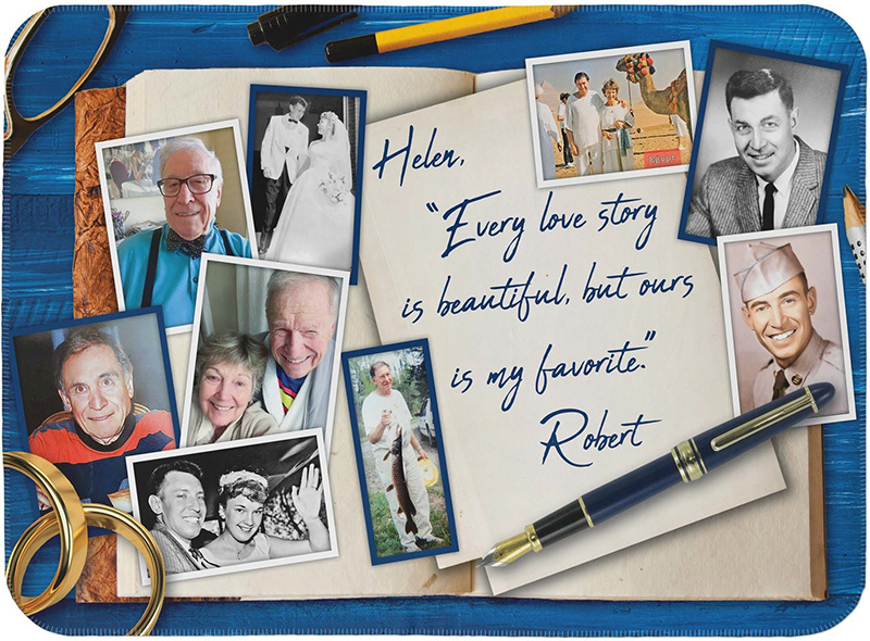 A collage of old photos surrounds an open notebook with a handwritten note: Helen, Every love story is beautiful, but ours is my favorite. Robert. Mementos of life celebrations—a pen, glasses, and paperclips—lie nearby on a blue wooden surface.