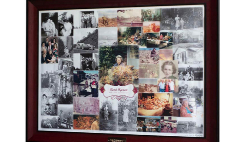 A framed collage of vintage family photographs, showcasing portraits, group photos, life celebrations, and outdoor scenes. The center features a label that reads Hazel Rupert. The images are in black and white and color.