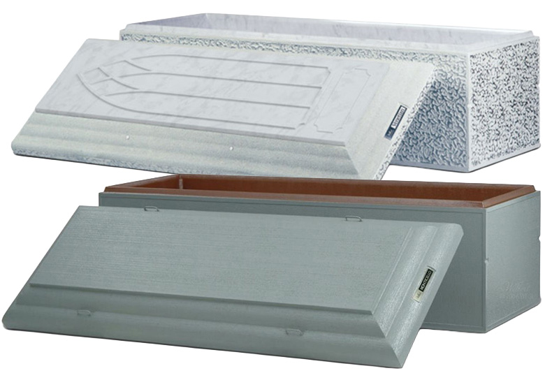 Two pieces of burial merchandise are displayed with their lids removed and set at an angle; the top vault is white with a textured exterior, while the bottom vault features a smooth gray finish.