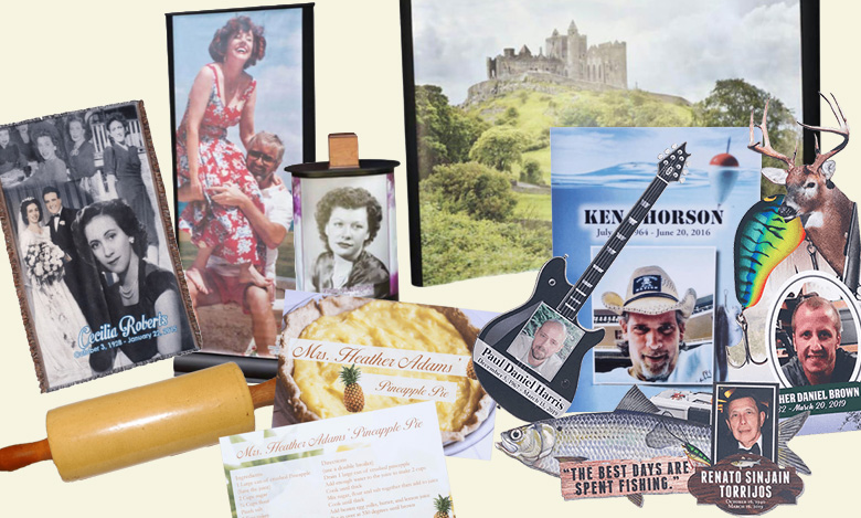 A collage of various memorial and family-themed items, including vintage photos, recipe cards, obituary flyers, a rolling pin, a picture of a castle, and guitar and fish-shaped keepsakes—capturing meaningful moments from life celebrations.